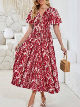 Abstract V -Neck Short Sleeved Summer Dress